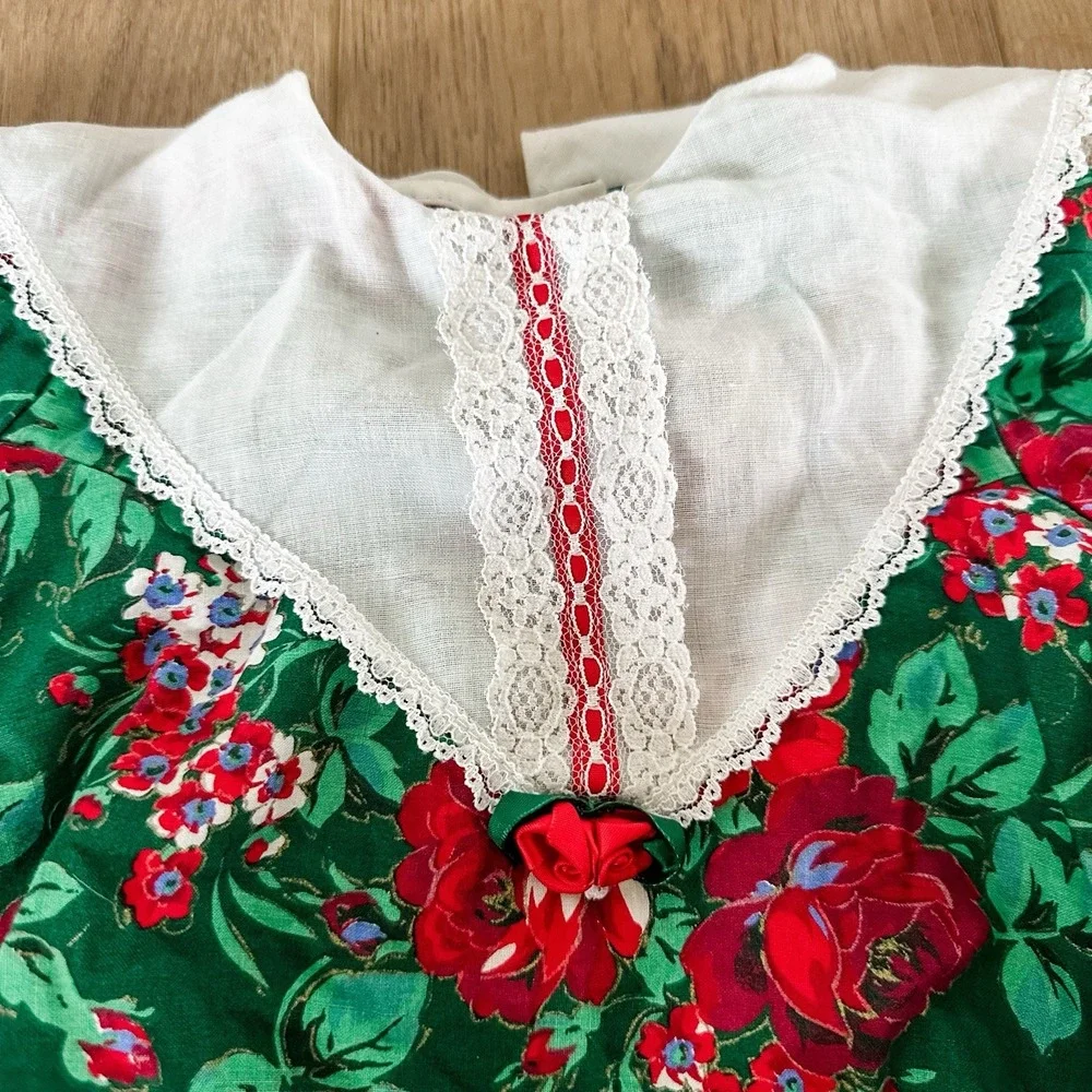 Vintage Girls 3T Kalula Kids Green & Red Rose Floral Dress‎ Lace Collar 90's